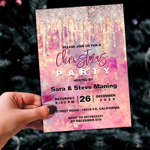 Chic rose blush pink holographic drips Christmas  Invitation