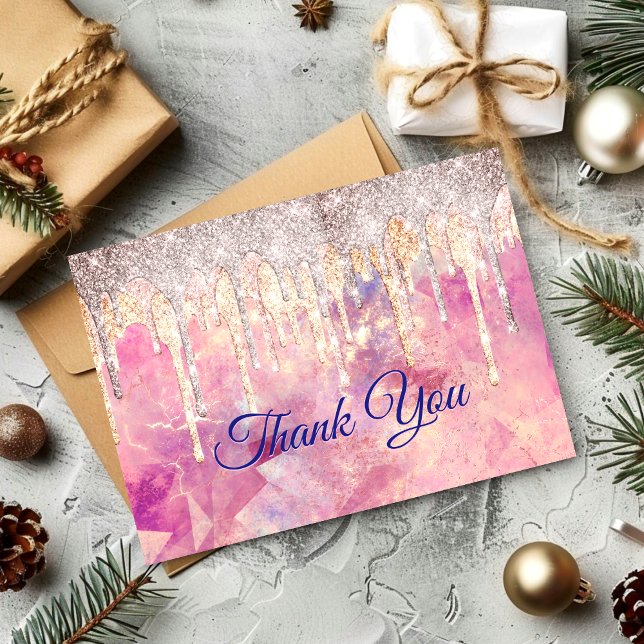 Chic rose blush pink holographic drips thank you card (Creator Uploaded)