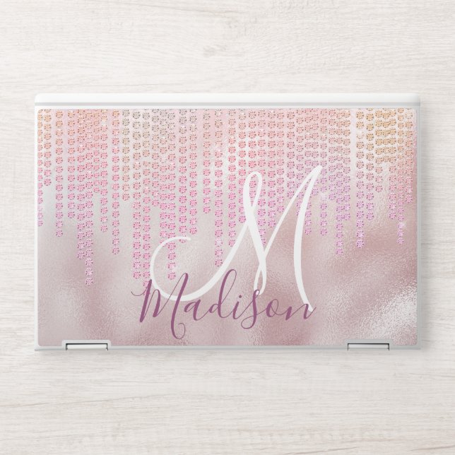 Chic rose blush rhinestone drips monogram HP laptop skin (Front)