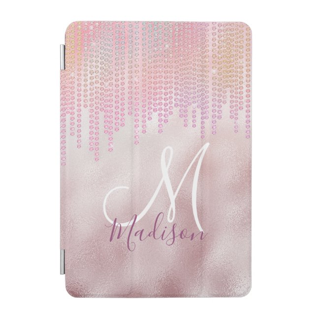 Chic rose blush rhinestone drips monogram iPad mini cover (Front)