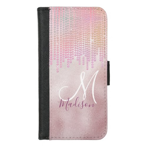 Chic rose blush rhinestone drips monogram iPhone 87 wallet case