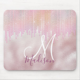 Chic rose blush rhinestone drips monogram mouse pad