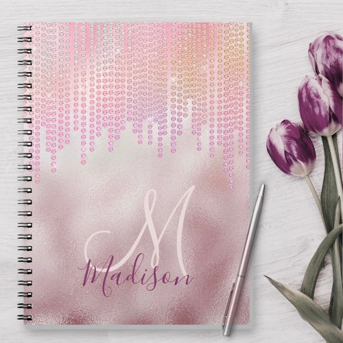 Chic rose blush rhinestone drips monogram notebook