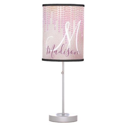 Chic rose blush rhinestone drips monogram table lamp