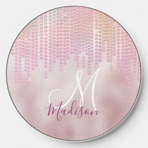 Chic rose blush rhinestone drips monogram wireless charger 