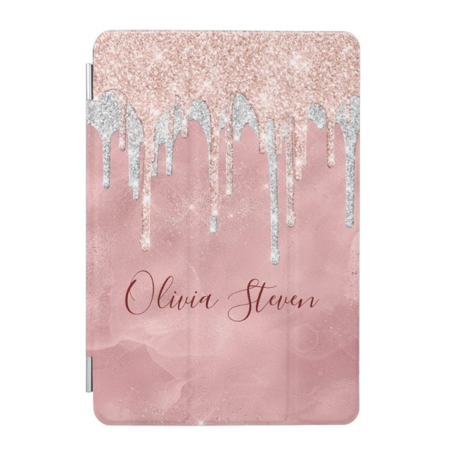 Chic rose blush silver dripping monogram iPad mini cover (Front)