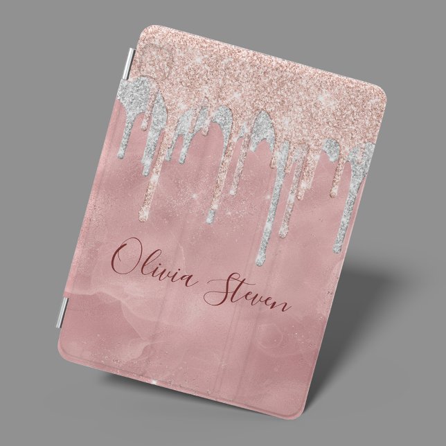 Chic rose blush silver dripping monogram iPad mini cover (Creator Uploaded)