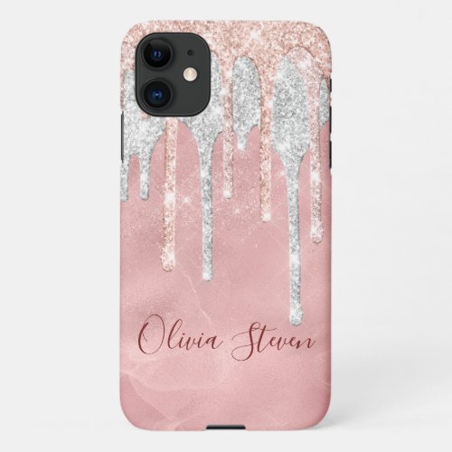 Chic rose blush silver dripping monogram iPhone 11 case