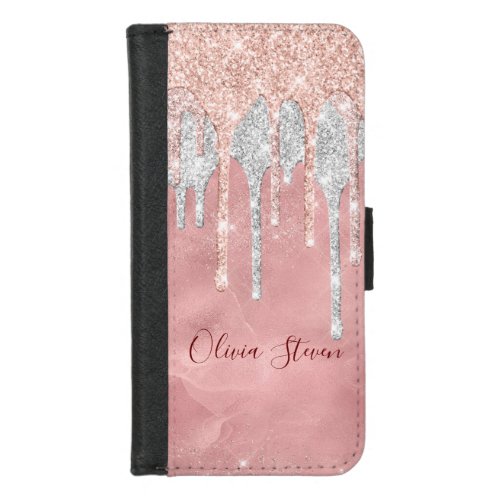 Chic rose blush silver dripping monogram iPhone 87 wallet case