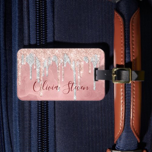 Chic rose blush silver dripping monogram luggage tag