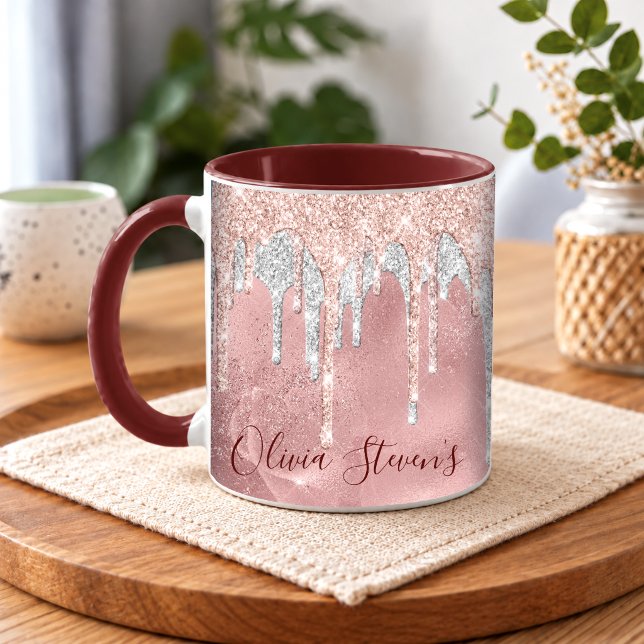 Chic rose blush silver dripping monogram mug (Creator Uploaded)