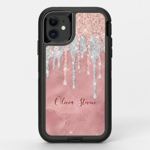 Chic rose blush silver dripping monogram OtterBox defender iPhone 11 case