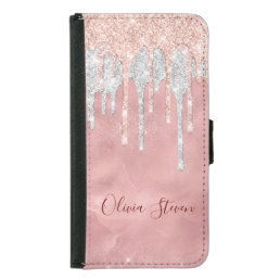Chic rose blush silver dripping monogram samsung galaxy s5 wallet case