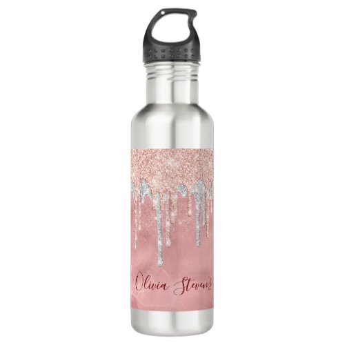 Chic rose blush silver dripping monogram stainless steel water bottle
