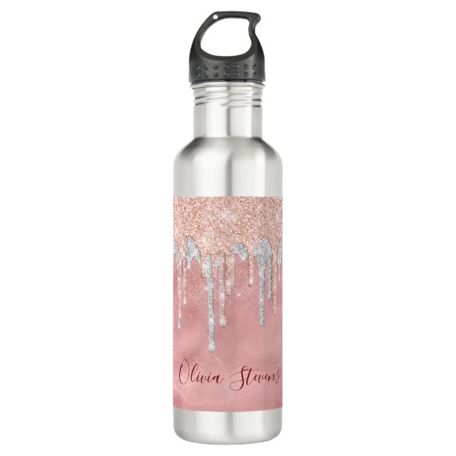 Chic rose blush silver dripping monogram stainless steel water bottle (Front)