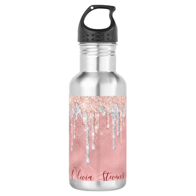Chic rose blush silver dripping monogram stainless steel water bottle (Front)