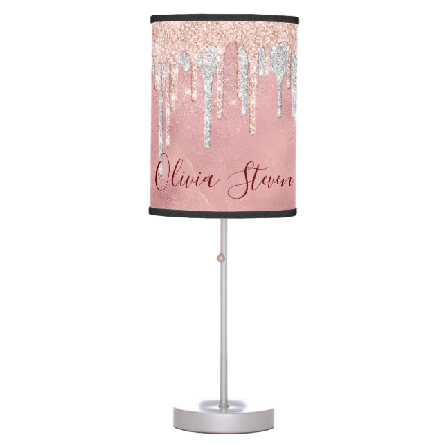 Chic rose blush silver dripping monogram table lamp (Front)