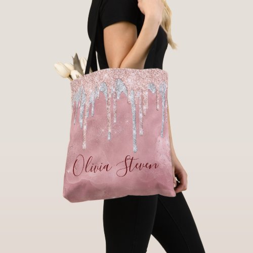 Chic rose blush silver dripping monogram tote bag