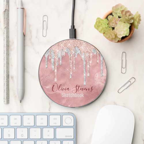 Chic rose blush silver dripping monogram wireless charger 