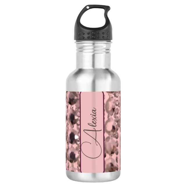 Chic Rose Blush Stringed Beads Personalized Stainless Steel Water Bottle (Front)