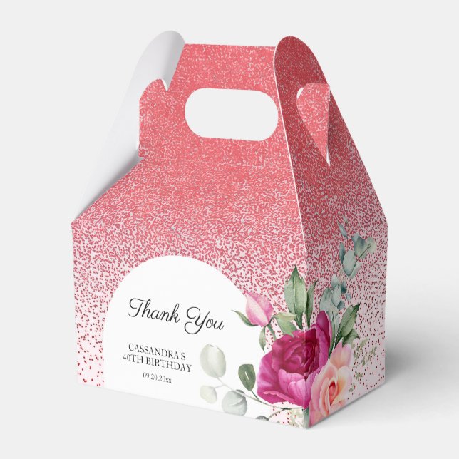 Chic Rose Floral Red Glitter Birthday  Favor Boxes (Back Side)