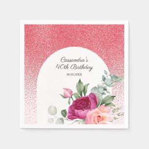 Chic Rose Floral Red Glitter Birthday Napkins