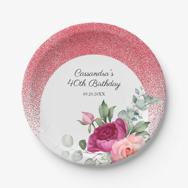 Chic Rose Floral Red Glitter Birthday  Paper Plates (Front)