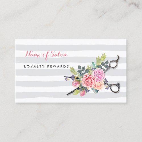 Chic Rose Floral Scissors Salon Loyalty Punch Card