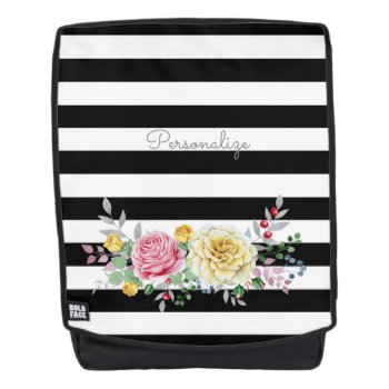 Chic Rose Floral Trendy Black Stripes And Name Backpack by ohsogirly at Zazzle