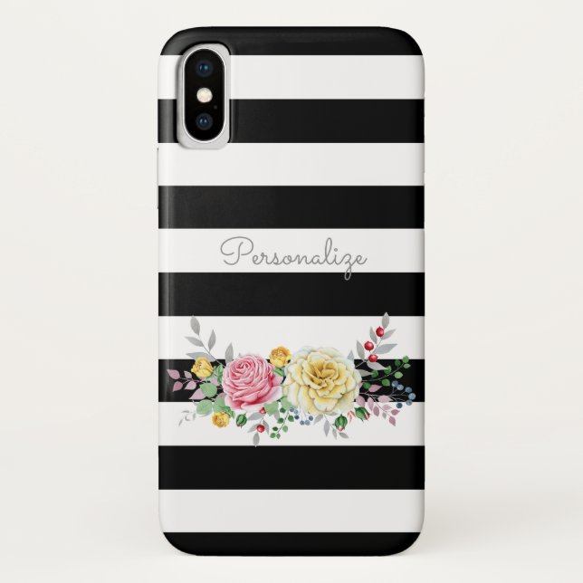 Chic Rose Floral Trendy Black Stripes and Name Case-Mate iPhone Case (Back)