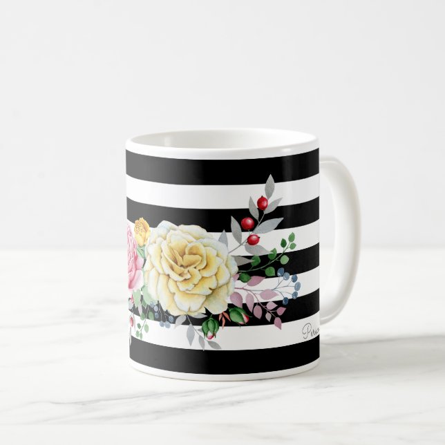 Chic Rose Floral Trendy Black Stripes and Name Coffee Mug (Front Right)