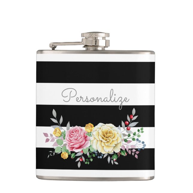 Chic Rose Floral Trendy Black Stripes and Name Flask (Front)