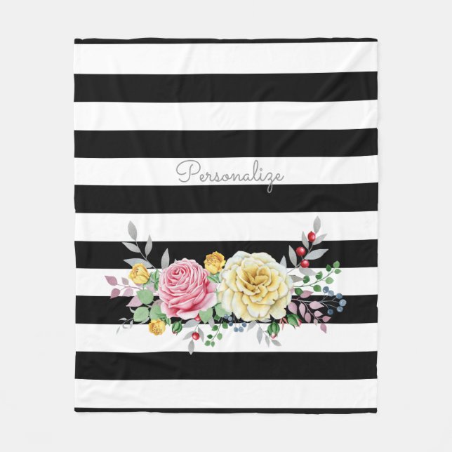 Chic Rose Floral Trendy Black Stripes and Name Fleece Blanket (Front)