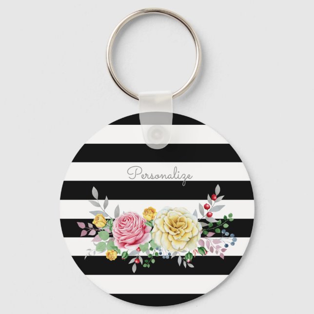 Chic Rose Floral Trendy Black Stripes and Name Keychain (Front)