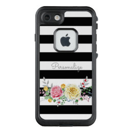 Chic Rose Floral Trendy Black Stripes and Name LifeProof FRĒ iPhone 7 Case