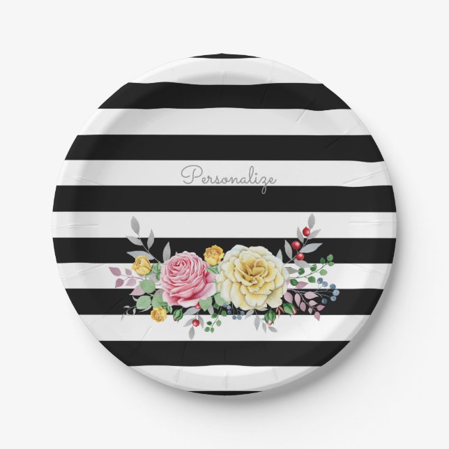 Chic Rose Floral Trendy Black Stripes and Name Paper Plates (Front)