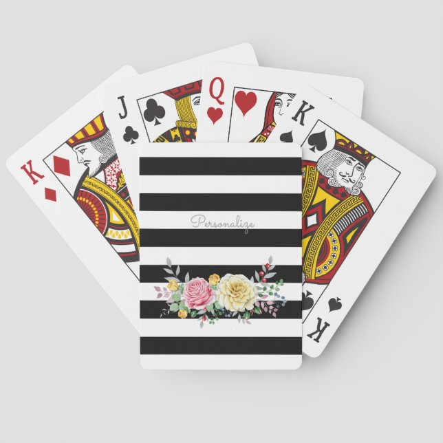 Chic Rose Floral Trendy Black Stripes and Name Poker Cards (Back)