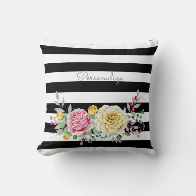 Chic Rose Floral Trendy Black Stripes and Name Throw Pillow (Front)