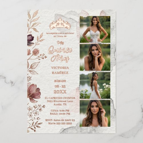 Chic Rose Gold 4 Photo Collage Quinceañera TMF26 Foil Invitation