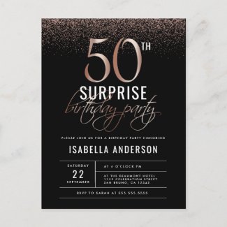 Chic Rose Gold 50th Surprise Birthday Party Invitation Postcard