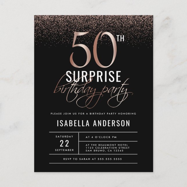 Chic Rose Gold 50th Surprise Birthday Party Invitation Postcard (Front)