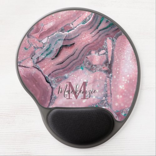 Chic Rose Gold Agate Geode Sparkle Monogram Gel Mouse Pad