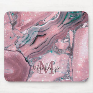 Chic Rose Gold Agate Geode Sparkle Monogram Mouse Pad