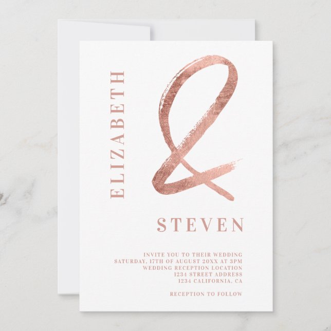 Chic rose gold ampersand names photo wedding invitation (Front)