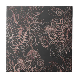 Chic Rose Gold and Black Flowers Leaves Ceramic Tile