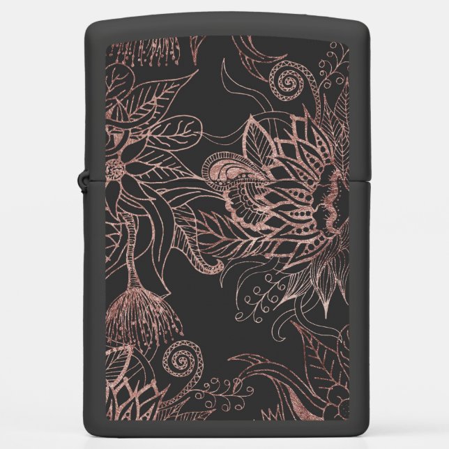 Chic Rose Gold and Black Flowers Leaves Zippo Lighter (Front)