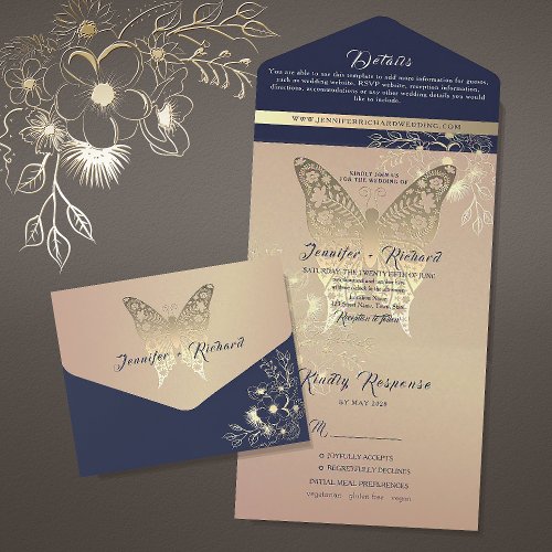 Chic Rose Gold and Navy Blue Wedding All In One Invitation