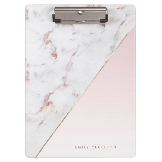 Chic Rose Gold and White Marble Personalized Clipboard (Front)