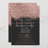 Chic Rose Gold Black Glitter Confetti Quinceañera Invitation (Front/Back)