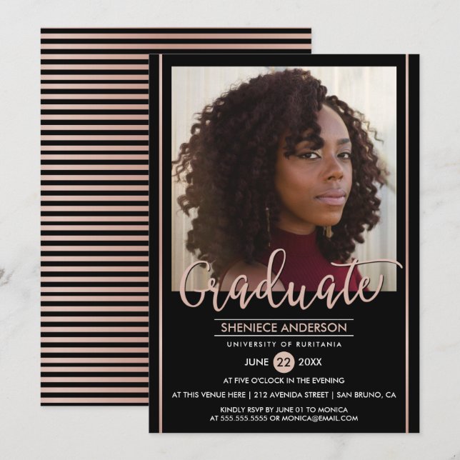 Chic Rose Gold & Black Graduation | Custom Photo Invitation (Front/Back)